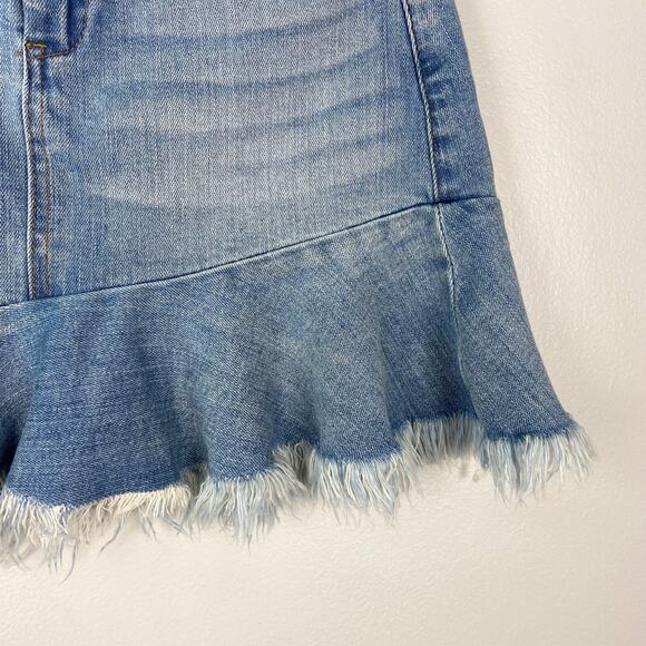 Blank NYC Frayed Hem Mini Skirt Denim Ruffle Raw Hem Asymmetrical Jean Skirt 26 - Picture 6 of 14